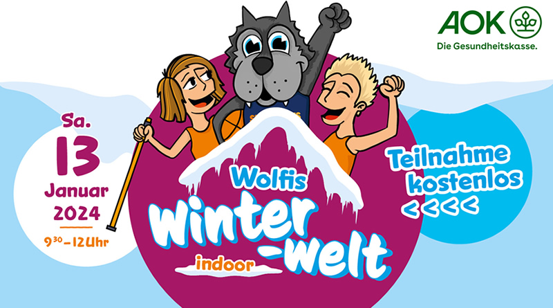 Wolfis Winterwelt 2024 für Kita-Kids, präsentiert von der AOK Nordost